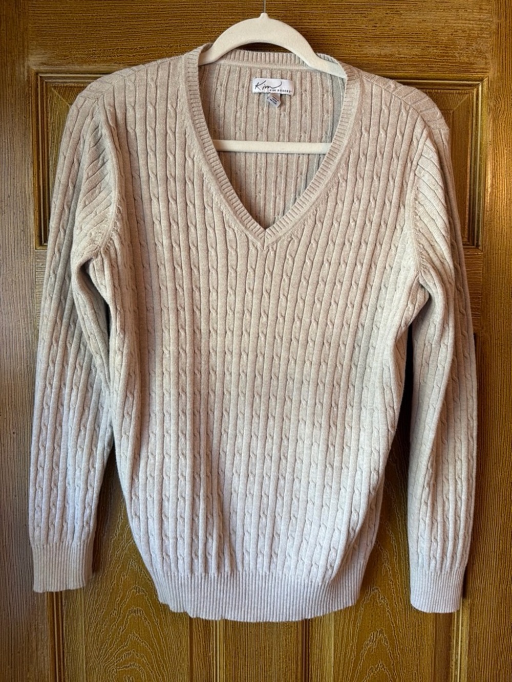 Kim Rogers Men's V-Neck Cable Knit Sweater - Light Beige